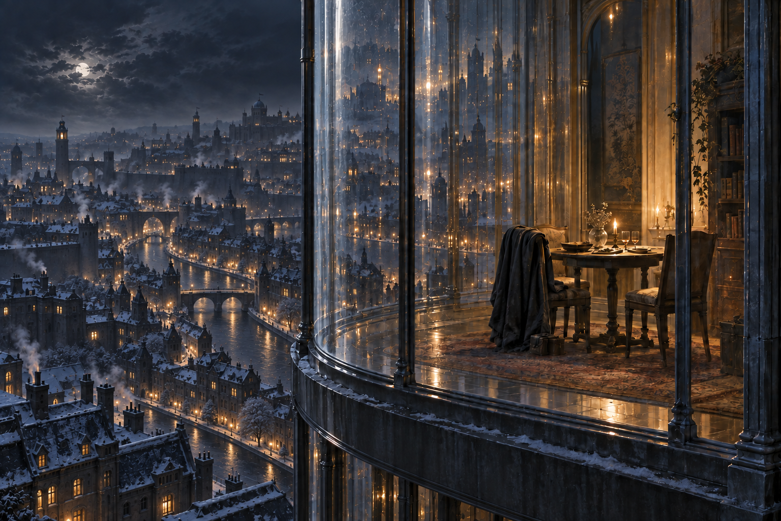 A small amber table for two and a dark cloak sit behind glass, with the Avery River and Rifthold beyond.