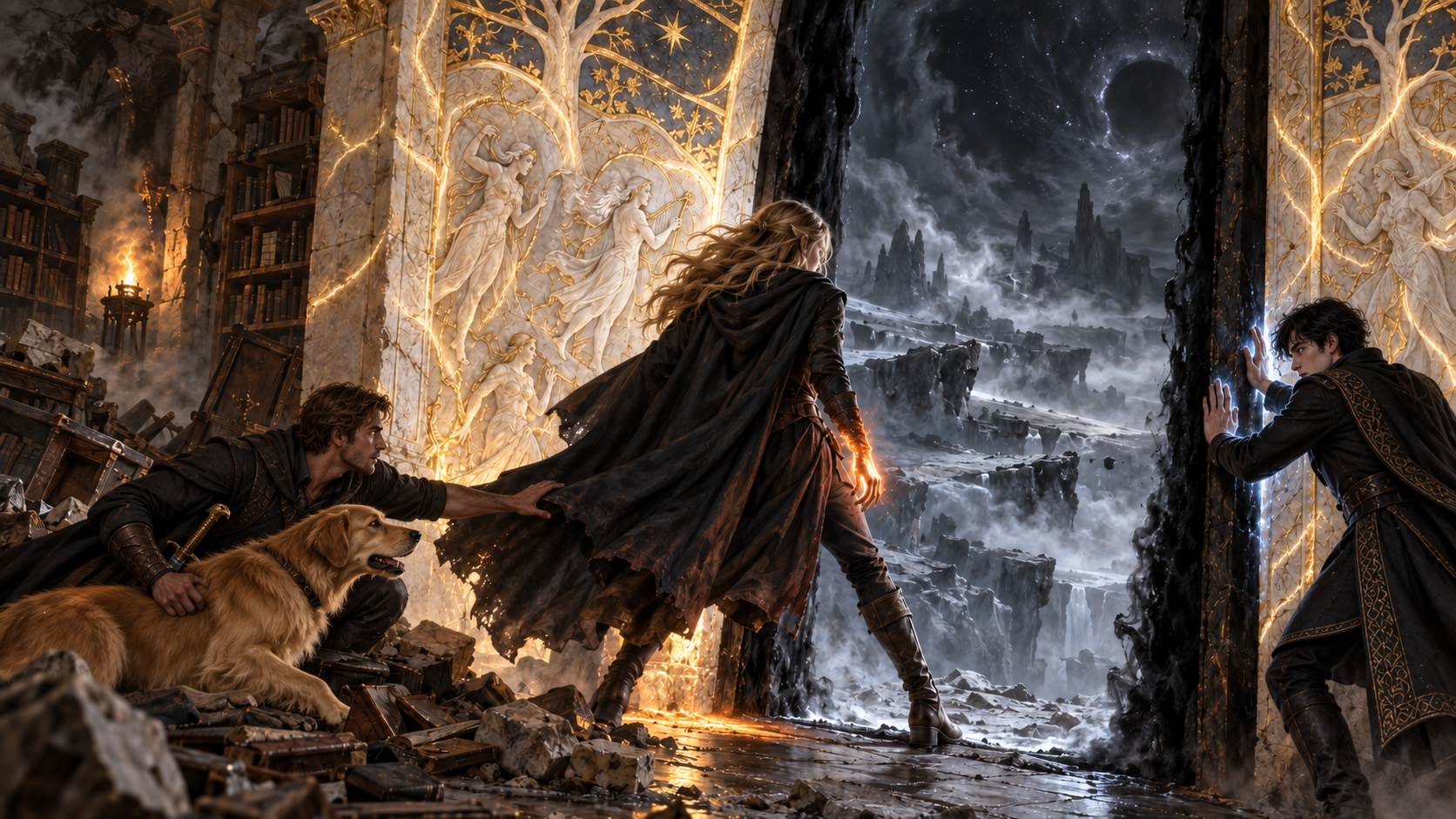 A Fae figure stands before a Wyrdgate beneath the palace as Chaol and a monstrous otherworld appear beyond it.