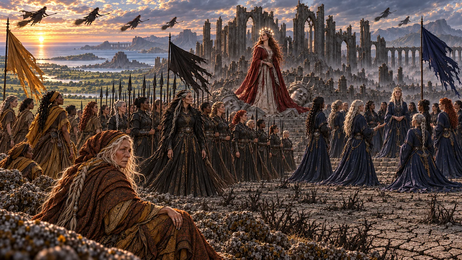 Three Ironteeth clans cross the Crochan homeland, with a ruined city, western sea, and cursed land in view.