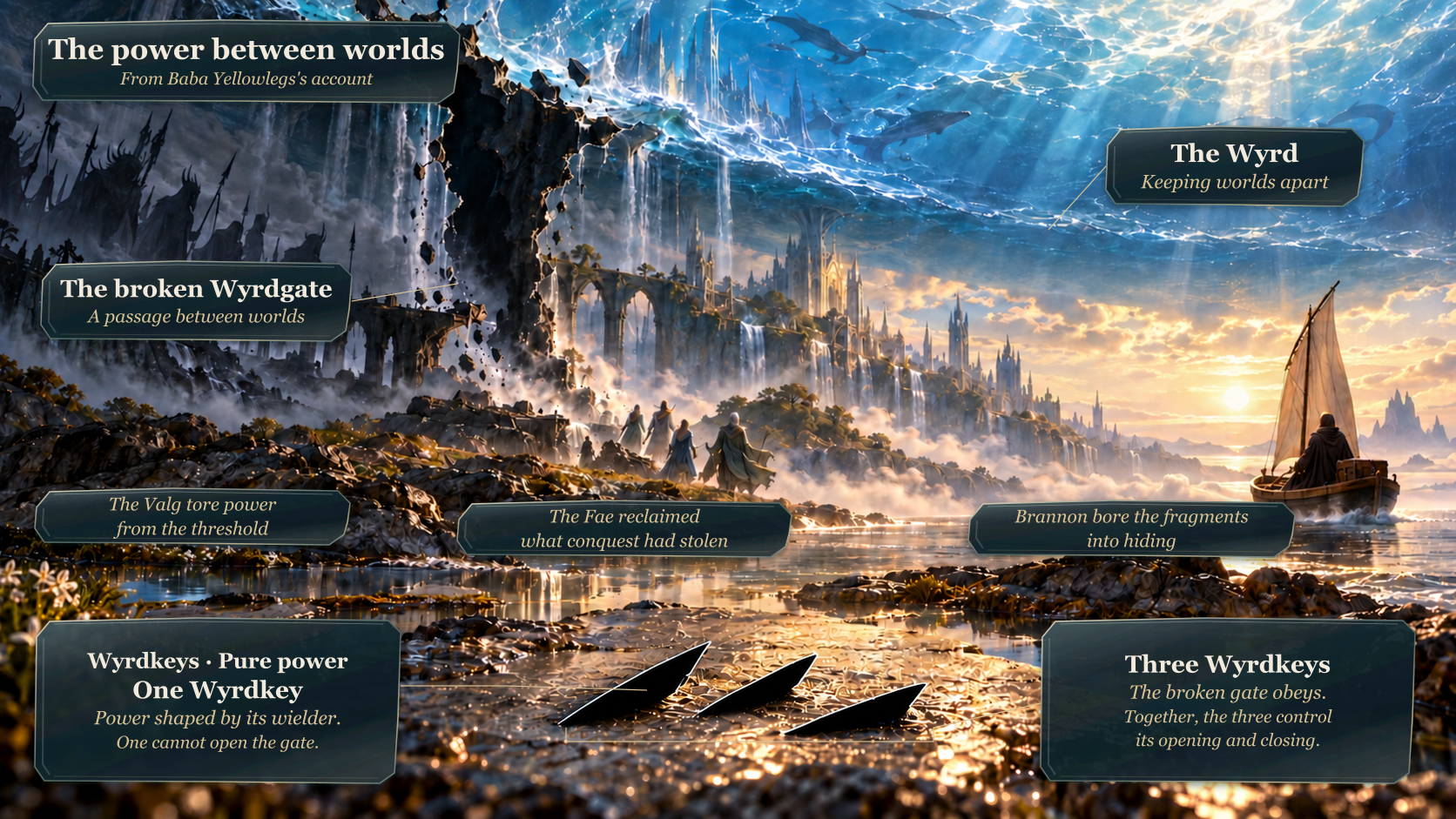 A broken stone doorway opens onto another world; a Wyrdkey and figures from separate moments appear around it.