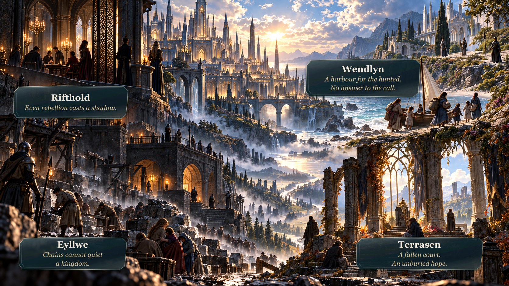 A four-part panorama shows the distinct political positions of Eyllwe, Rifthold, Terrasen, and Wendlyn.