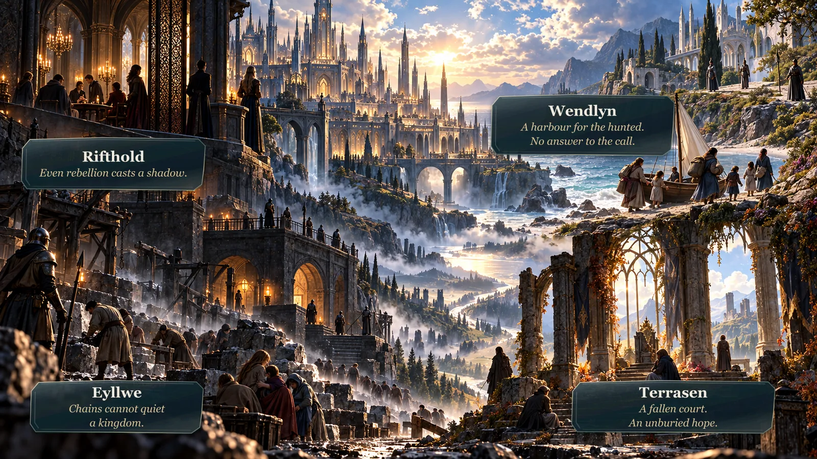 A four-part panorama shows the distinct political positions of Eyllwe, Rifthold, Terrasen, and Wendlyn.
